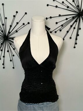 Bebe Black Sequin Halter Top Satin Y2K Party Club Top Size Small